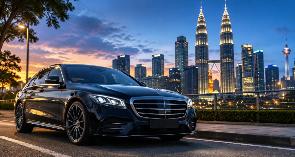 Luxury rental car driving on a Malaysian highway toward Genting Highlands